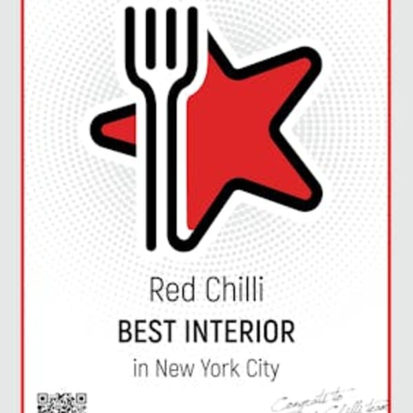 Red Chilli restaurant award for "Best Interior in New York City" with a fork and star logo.