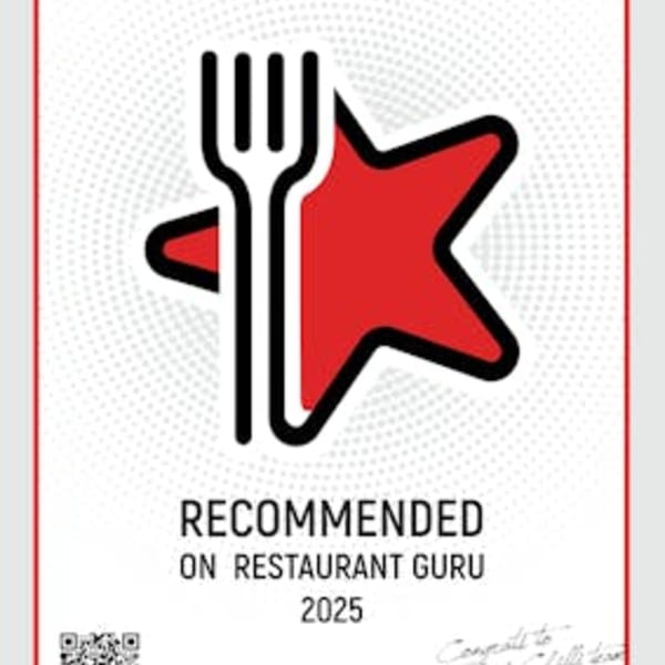 Red Chilli's 'Recommended on Restaurant Guru 2025' award certificate with a fork and star logo.